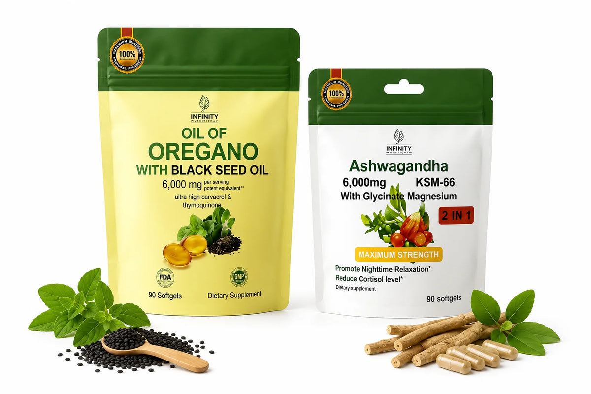 Combo de Suplementos Naturales Infinity Nutritional – Aceite de Orégano y Ashwagandha 2 en 1