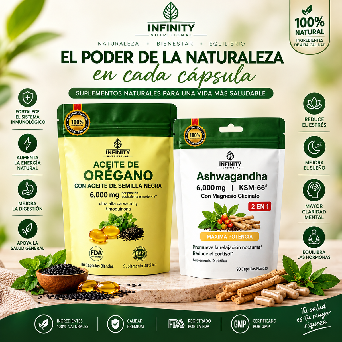 Combo de Suplementos Naturales Infinity Nutritional – Aceite de Orégano y Ashwagandha 2 en 1