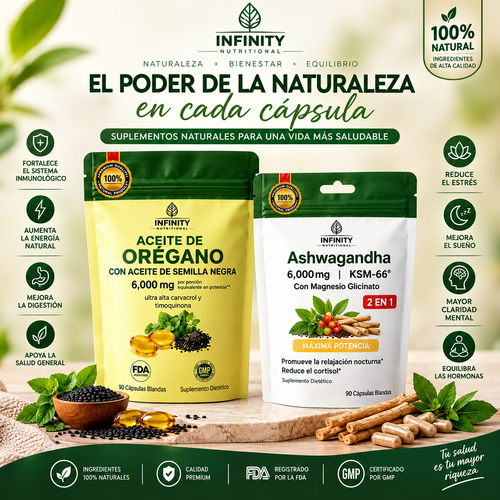 Combo de Suplementos Naturales Infinity Nutritional – Aceite de Orégano y Ashwagandha 2 en 1